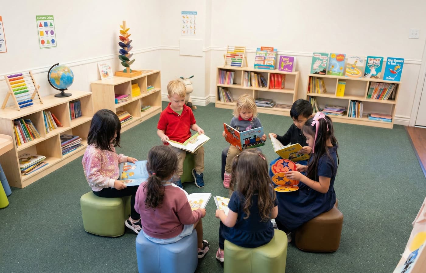 Montessori classroom in Plano TX children reading at Palm Grove